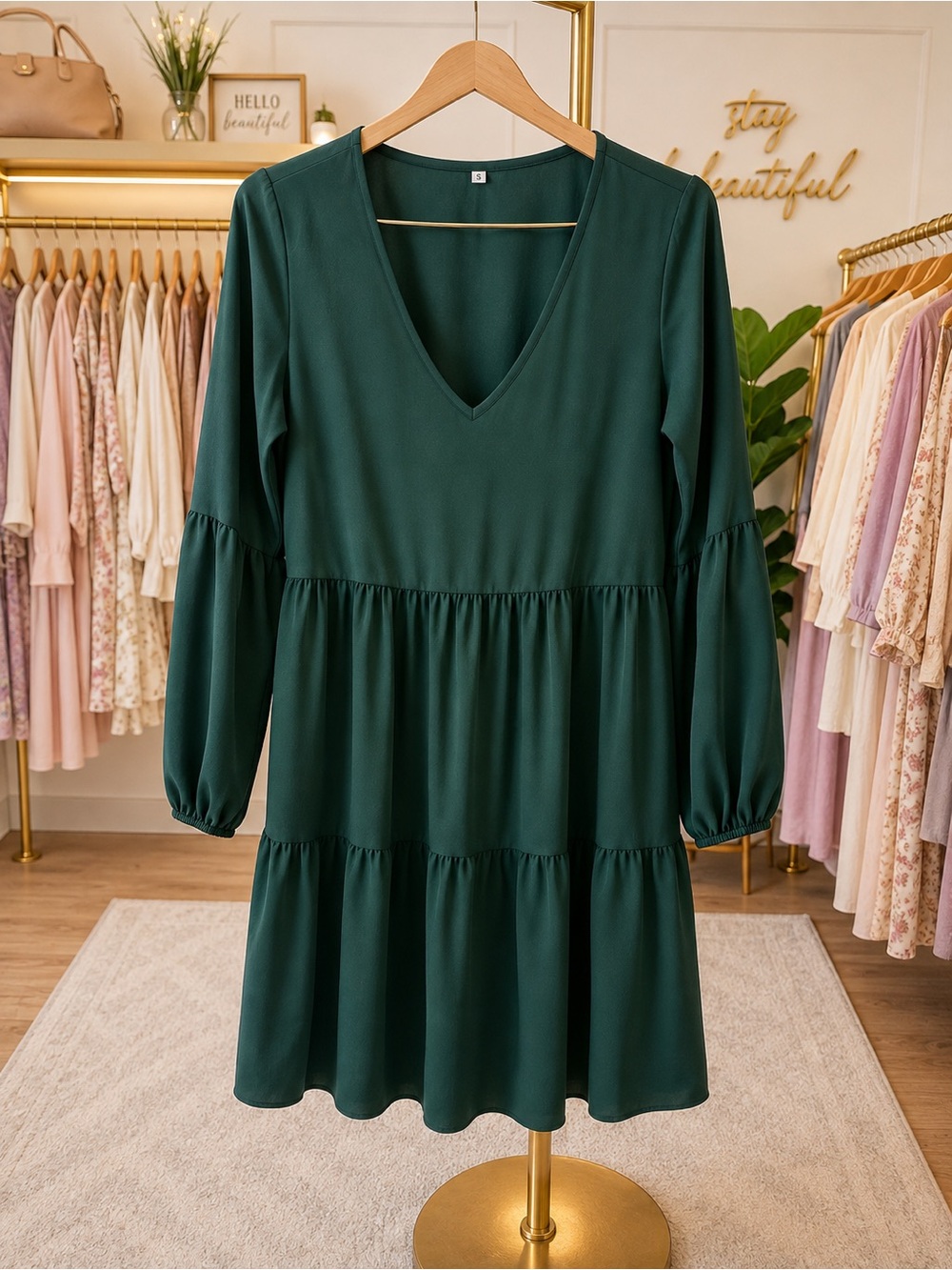 NWOT V-Neck Tiered Long-Sleeve Dress in Forest Green